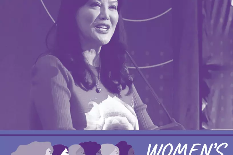 womens history month graphic wenda fong speaking at microphone