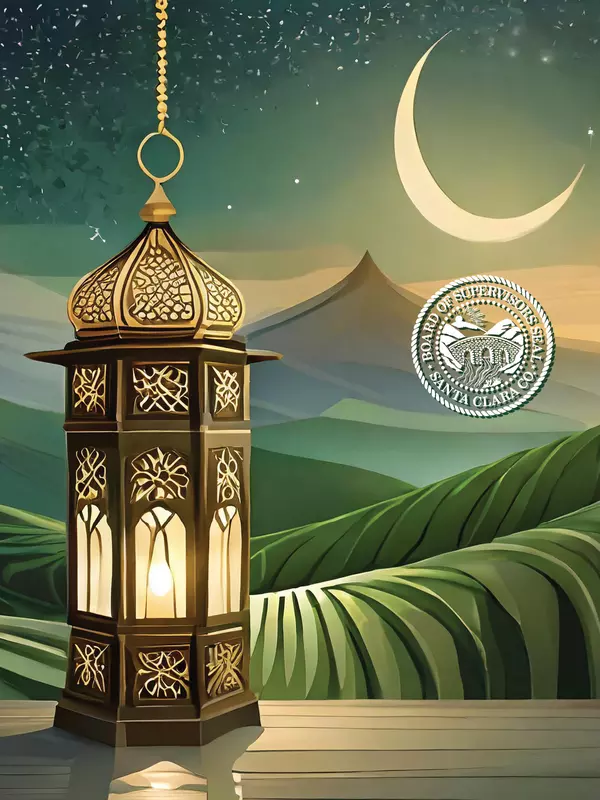feature card for muslim americans featuring ramadan imagery of lantern and crescent moon