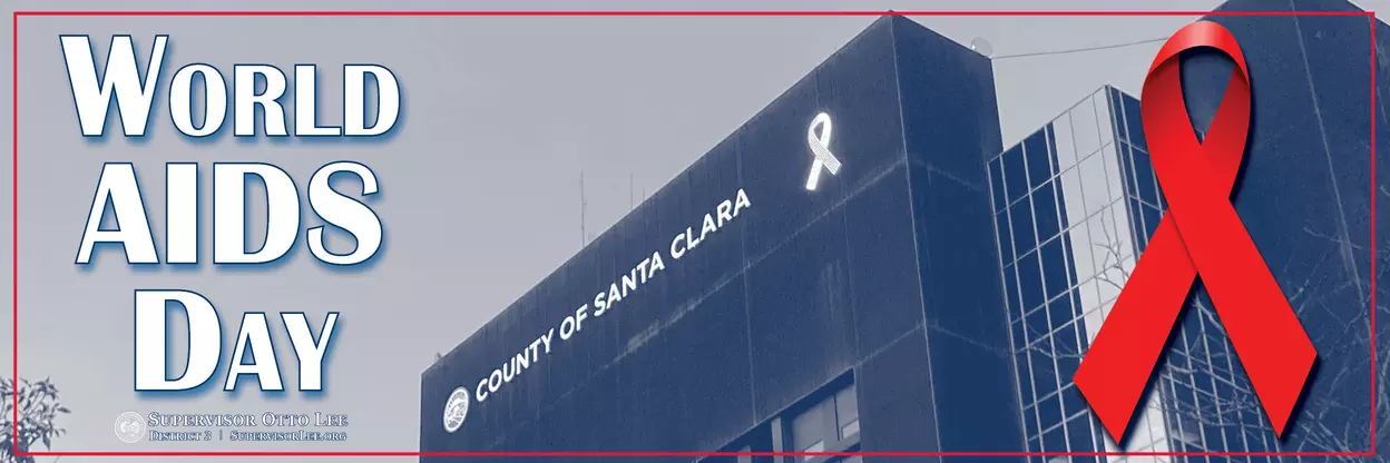 world aids day banner with County Building and red ribbon